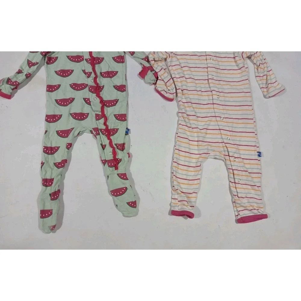 Lot of 3 KicKee Pants Sleepers Size 3-6 Months Bamboo Stripes Watermelon Snaps